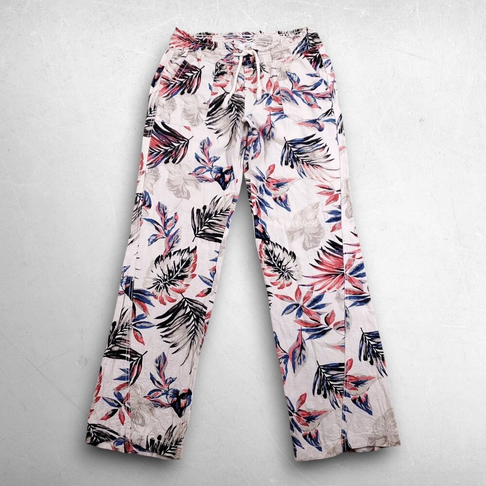 Cali 1850 Wide Leg Linen Blend Floral Pants Women M‎ Ivory Smocked Boho Vacation